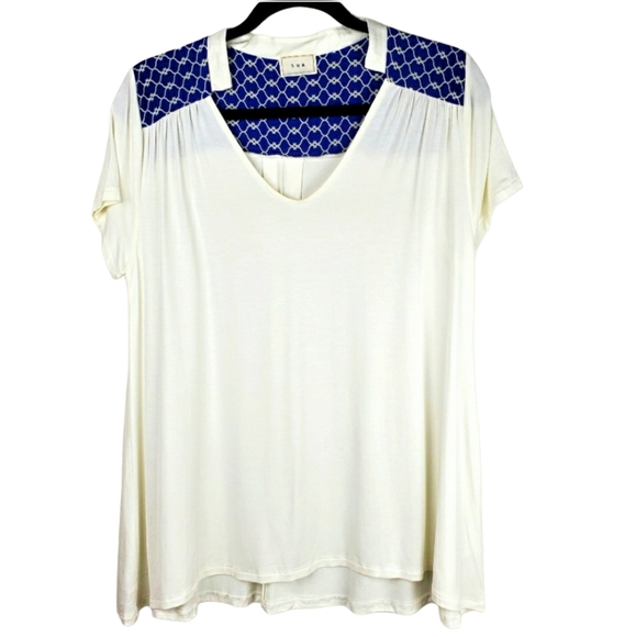 Tua Tops - {Tua} White and Blue Short Sleeve V-Neck